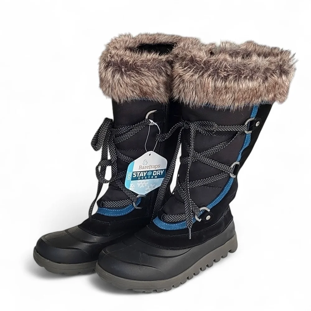 Baretraps Women's Black Winter Boots W/Faux Fur & Blue Trim 